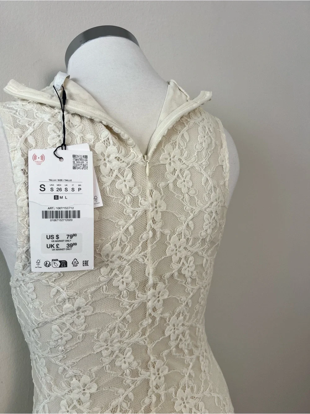 ZARA NWT Ecru Lace Maxi Dress Size S Sheer Mock Neck Wedding Bridal Boho - Picture 15 of 15